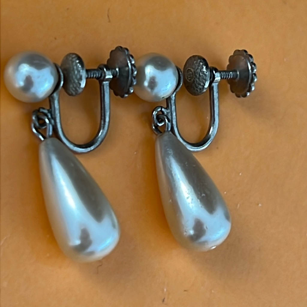 Vintage Richelieu Sterling Silver Dangle Faux Pearl Screw Back Earrings